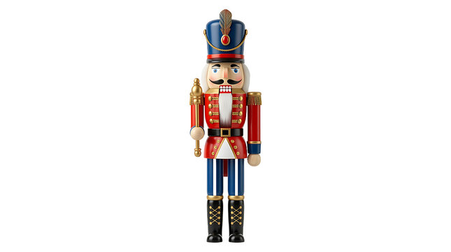Classic traditional wooden nutcracker soldier figurine in red and blue military uniform holding a golden scepter, isolated on transparent background for Christmas holiday season decoration.