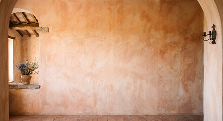 Fototapeta premium Rustic Tuscan Terracotta Plaster Wall Interior with Stone Arch and Copy Space