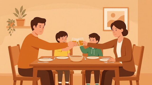 Happy family of four having dinner together and making a toast with orange juice at the dining table vector illustration.