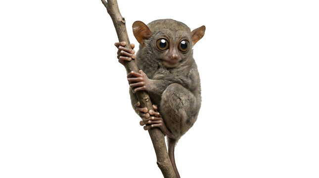 Cute Philippine Tarsier primate with characteristic large eyes clinging to a wooden tree branch, nocturnal mammal from Southeast Asia isolated on white transparent background for nature design.
