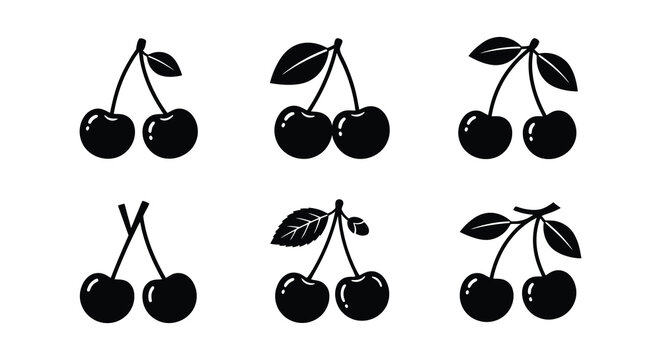 Black silhouette cherry illustrations with leaves on a white background