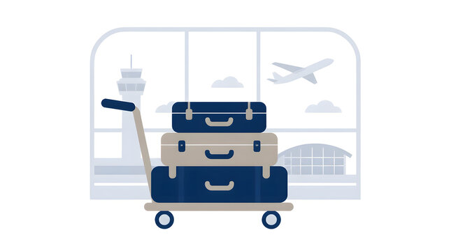 Flat vector illustration of luggage cart stacked suitcases at airport terminal featuring control tower flying airplane visible through window