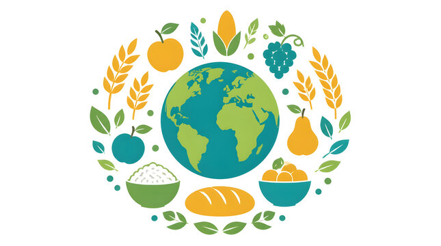 Agricultural diversity colorful flat vector illustration globe grains fruits symbol