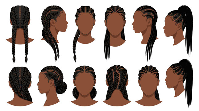 Vector illustration set of diverse African American women's braided hairstyles featuring cornrows, box braids, high ponytails, and buns from multiple angles on a white background.
