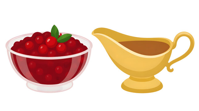 Bowl of vibrant cranberry sauce garnished by green leaves next to ornate golden gravy boat on elegant table setting for holiday feast