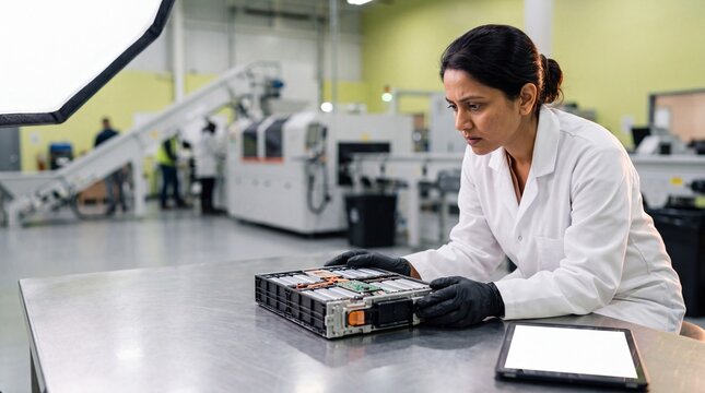Indian female engineer inspecting EV battery module in modern formalized e-waste recycling facility with blank tablet and copy space
