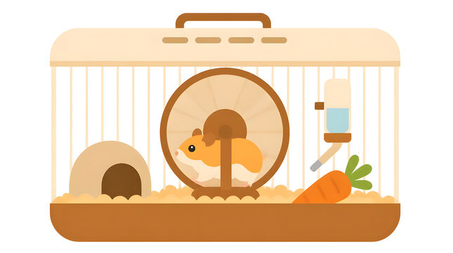 Cute hamster running on exercise wheel inside cage with accessories indoor setting