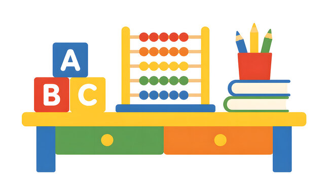 Colorful desk alphabet blocks abacus books pencils indoor education setting flat vector illustration