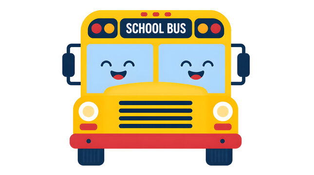 Cheerful cartoon school bus smiling face simple eyes mouths flat vector illustration front view