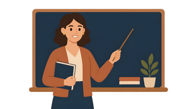 Teacher pointing at chalkboard holding books smiling educational classroom flat vector illustration