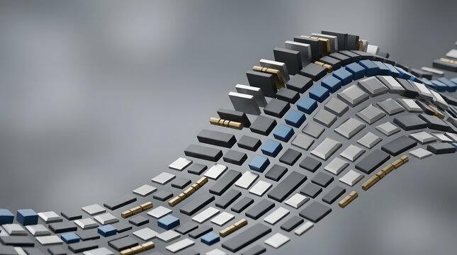 Abstract 3d wave pattern composed of small geometric blocks in shades of grey, blue, and gold on a soft neutral background