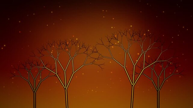 Bare trees stand against a fiery orange and black apocalyptic sky