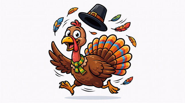 Cartoon turkey with pilgrim hat and falling feathers colorful vector illustration