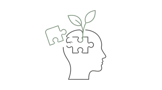 Minimalist illustration human head outline puzzle pieces fitting green leaves abstract concept art vector thin line art