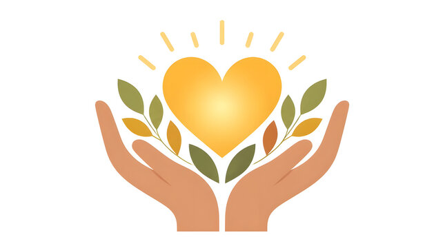 Two hands holding glowing yellow heart surrounded by green orange leaves symbolizing care or support flat vector illustration of open hands holdi