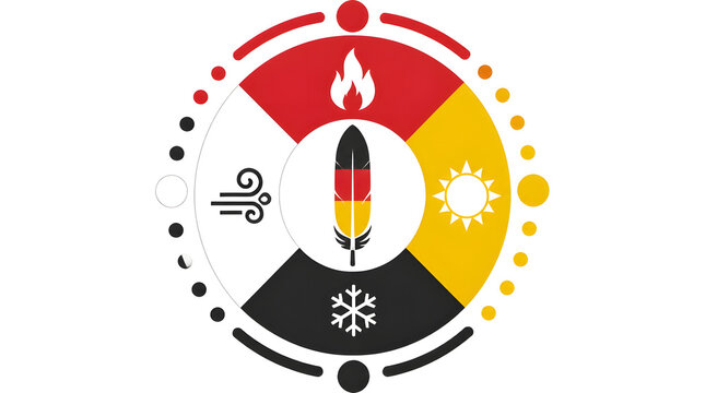 Medicine wheel quadrants flames yellow background sun rays orange warmth black snowflakes dark blue coldness flat vector illustration of medicine