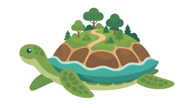 Turtle carrying small island trees water floating nature eco friendly concept illustration