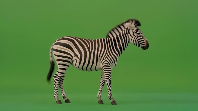 A side profile of a zebra standing on a green screen background, perfect for wildlife and nature documentaries
