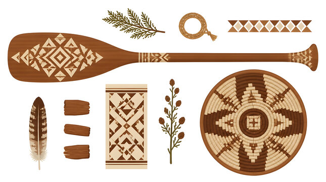 Hand carved canoe paddle flat lay vector natural elements feather plant stem woven basket