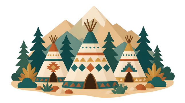 Serene teepee village nestled among trees mountains painted designs nature outdoor setting calm vibrant landscape flat vector illustration