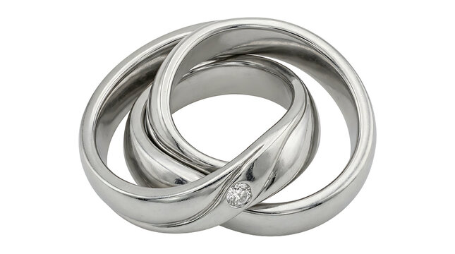 Elegant interlocking triple band rolling ring crafted in polished silver or white gold with a sparkling diamond accent, jewelry for engagement or wedding isolated on transparent background