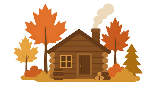 Cozy log cabin chimney smoke autumn trees foliage outdoors flat vector illustration canadian pioneer lifestyle