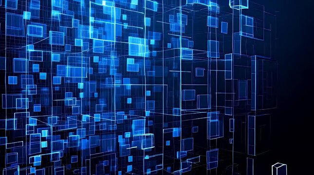 Abstract blue squares and rectangles form a digital network