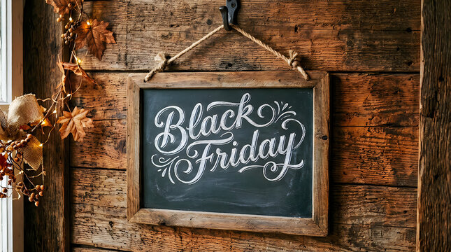 Rustic wooden chalkboard with handwritten black friday sale sign on wall