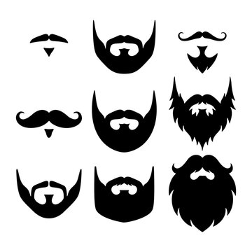 Men's Beard and Goatee Silhouette Icons Set, Diverse Facial Hair Styles and Mustaches Vector Collection Isolated on White Background.