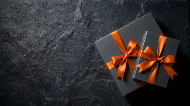 Elegant black friday gift boxes with orange ribbons on dark stone background