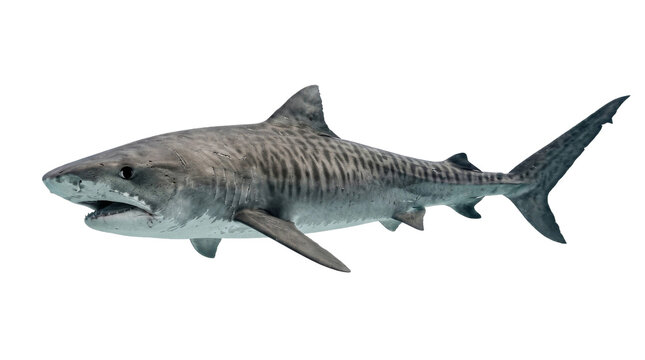 A majestic tiger shark swimming gracefully through the deep blue ocean waters isolated on white