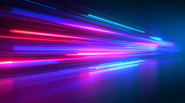 Neon laser trails speeding horizontally into distance. Abstract high velocity data flow. Cyberpunk motion backdrop