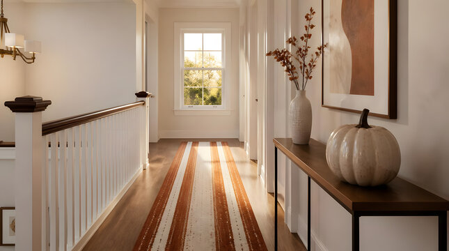 Upstairs hallway bright airy white walls wooden floor orange striped runners staircase railing natural light long shadows home interior design