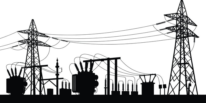Silhouette of an electrical substation with large power transformers, voltage transmission towers, and complex wiring networks isolated on a solid white background