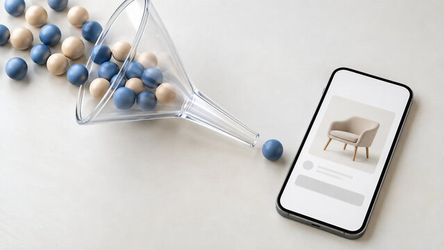 Clear funnel guides colored spheres toward smartphone with chair product page. Website conversion and ecommerce sales concept. Mobile shopping and digital marketing. Online customer journey.