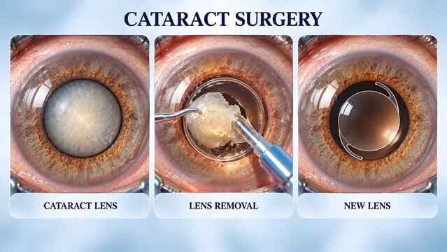 AI generated illustration showing cataract surgery process stages from clouded lens removal to new intraocular implant