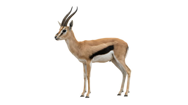 Graceful Thomson's Gazelle Standing in Side View Profile, African Wildlife Animal Isolated on White Background for Design, Wild Antelope from Savannah Safari with Horns and Distinctive Side Stripe.