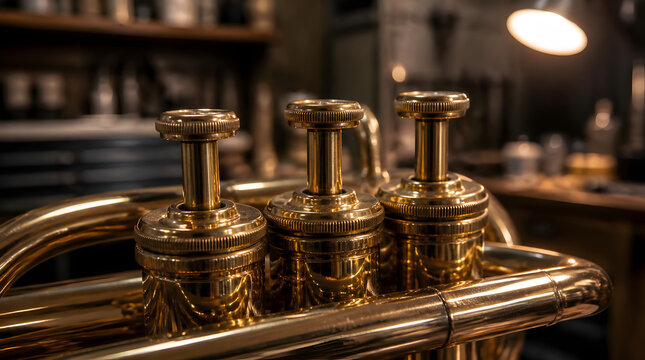 Close up of shiny reflective brass trumpet valves with intricate detailing against softly blurred shelves filled with various objects inside a mu