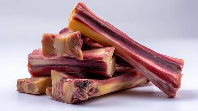 Aesthetic arrangement of beef bones displaying rich textures and vibrant colors ideal for pet treats and culinary uses in gourmet dishes for dog lovers and foodies. Generative AI