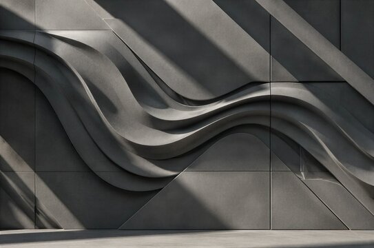 Abstract concrete wall texture with futuristic parametric wavy and diagonal geometric panels.