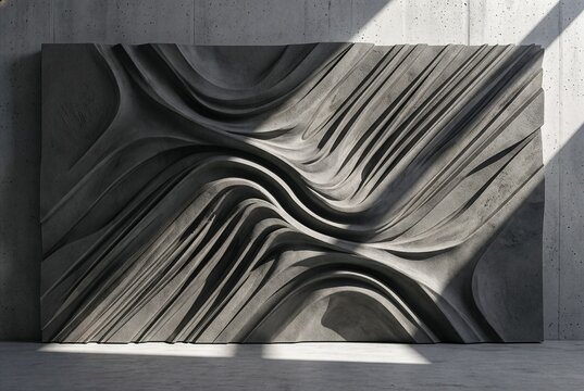 3D structural grey cement wall panel in empty contemporary gallery room with dramatic diagonal sunlight and shadows.
