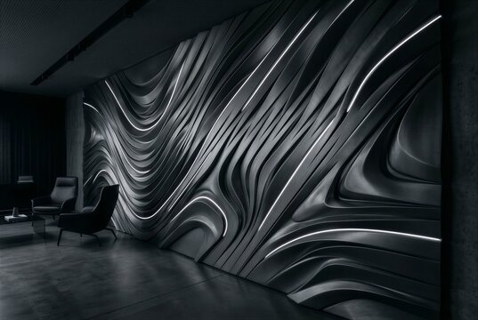 Luxury futuristic dark interior with parametric wavy metal wall panels and integrated neon LED lines.