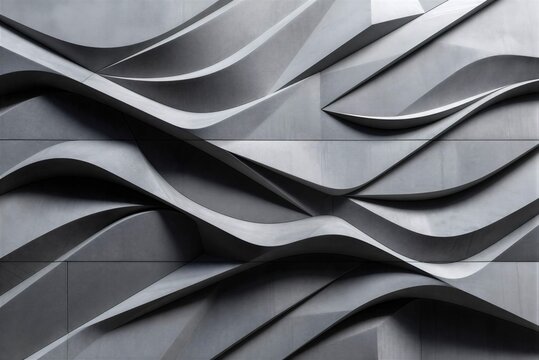 Abstract architectural facade with futuristic parametric wavy panels, modern light grey wall background.
