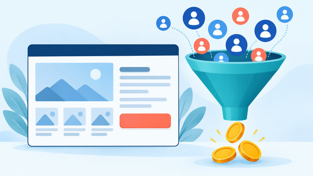 Website landing page and user icons entering a conversion funnel. Website conversion, lead generation and customer acquisition concept. Digital marketing, sales growth and ecommerce strategy