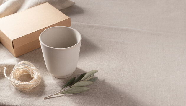 Single ceramic cup flat lay with plain box, Cyber Monday product styling