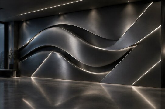 Modern luxury hotel lobby interior with large parametric wavy metal wall installation and LED lighting.