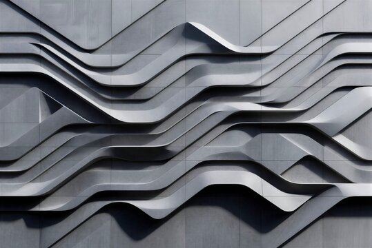 Abstract futuristic metallic wall with parametric wavy panels, modern high-tech architectural facade background