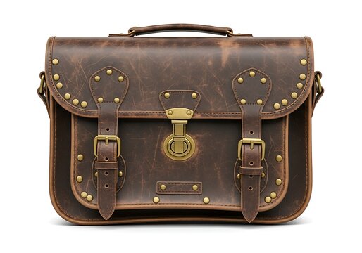 Vintage leather satchel bag with metal buckles and studs