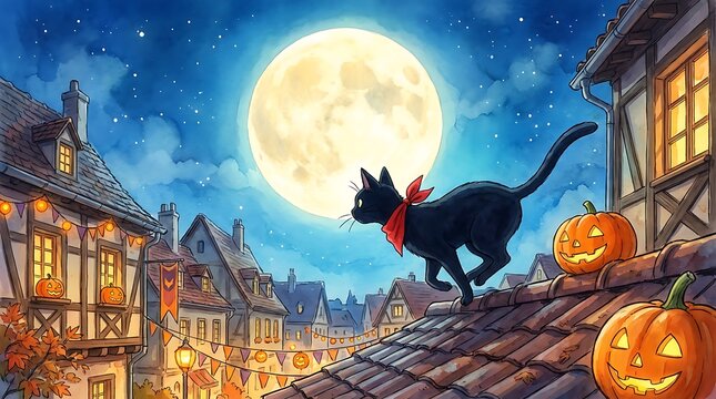 Black cat walks along rooftops under a full moon during Halloween night.