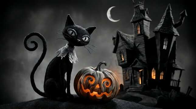 Black cat leaps between rooftops in a whimsical Halloween village under a glowing moon.